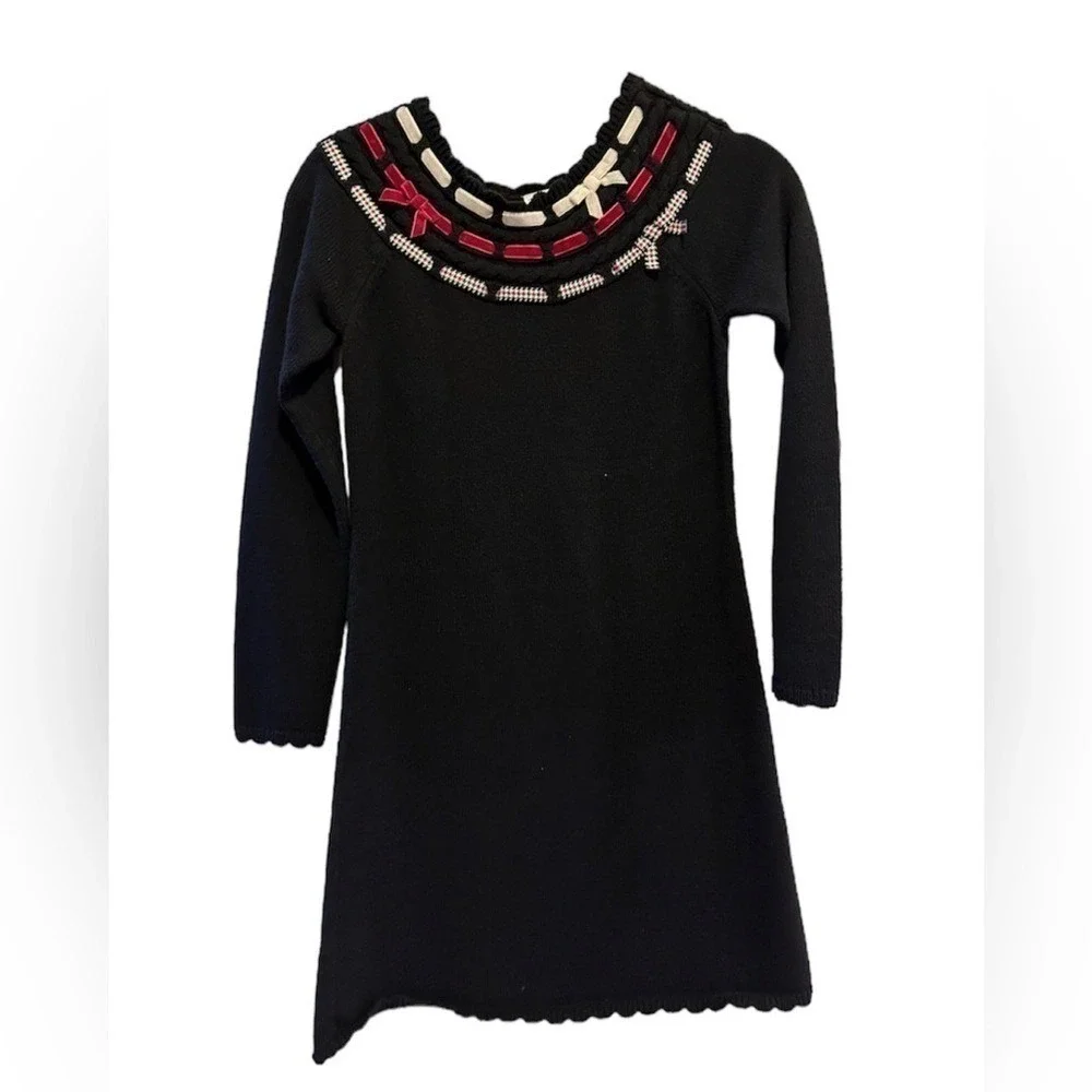 Gymboree Valentine's Day Black Long Sleeve Sweater Dress Red White Ribbon Bows